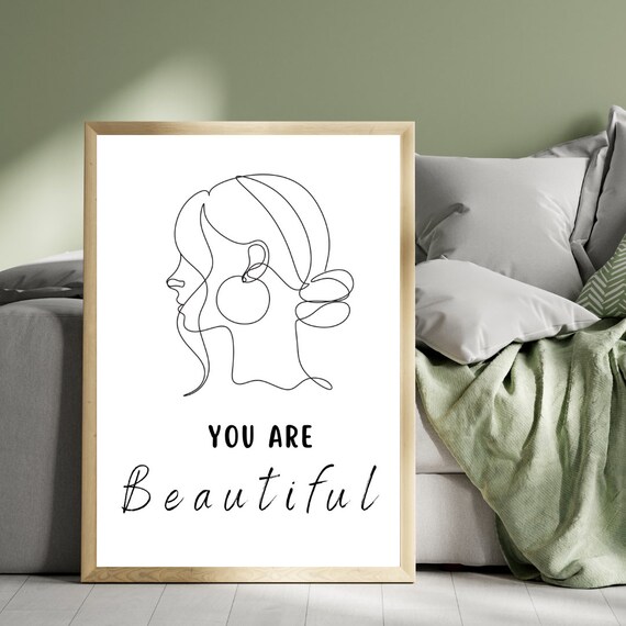 You Are Beautiful Woman Line Art Minimalist Empowering Quote Poster