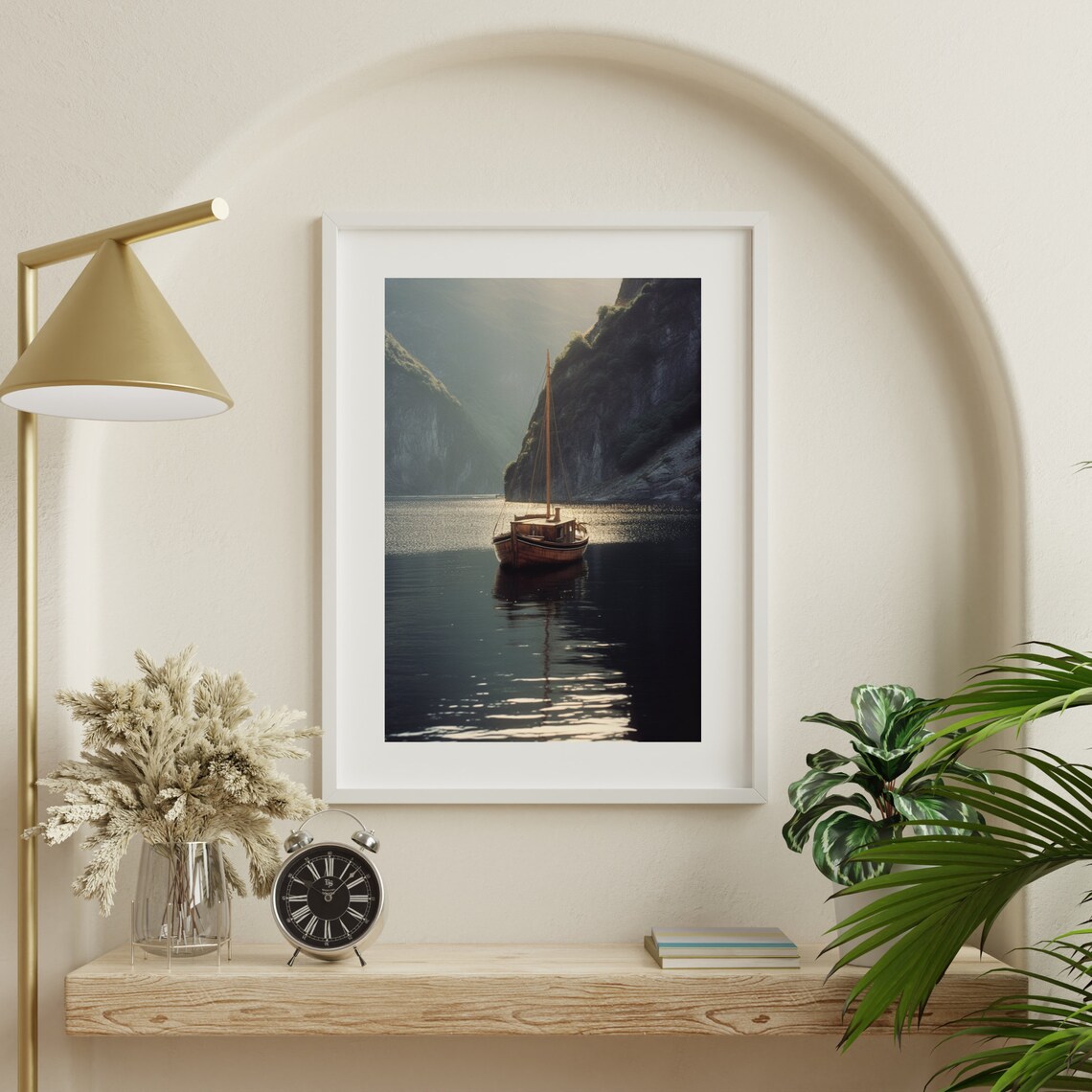 Wooden Sailboat Misty Fjord Calm Water Vintage Nautical Poster - Image 3