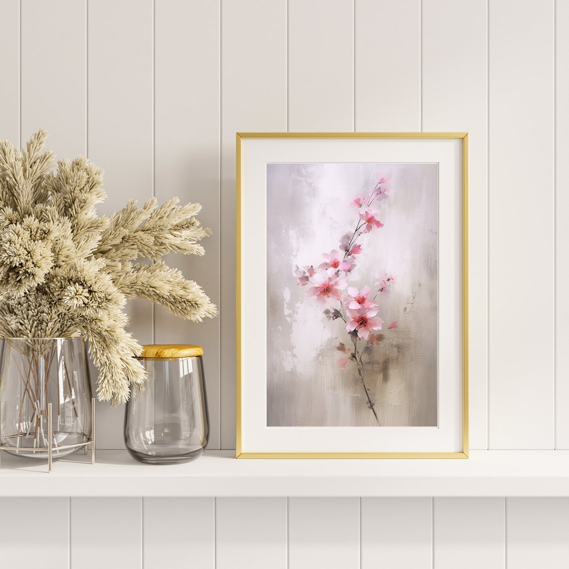 Pink Cherry Blossom Branch Soft Watercolor Floral Painting Wall Art - Image 4