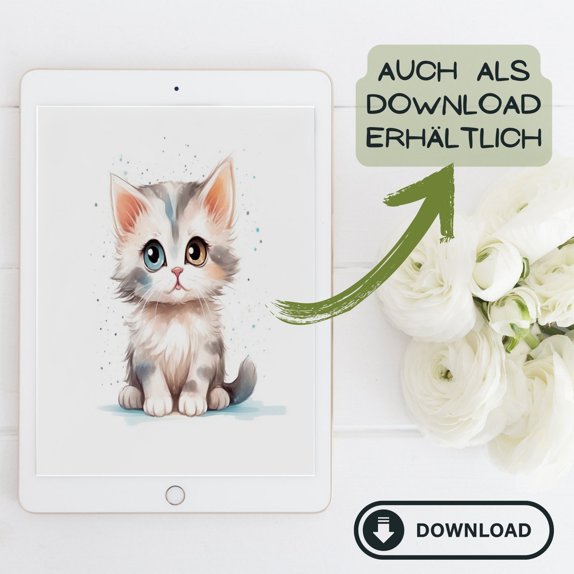 Adorable Kitten with Mismatched Eyes Watercolor Nursery Poster - Image 2