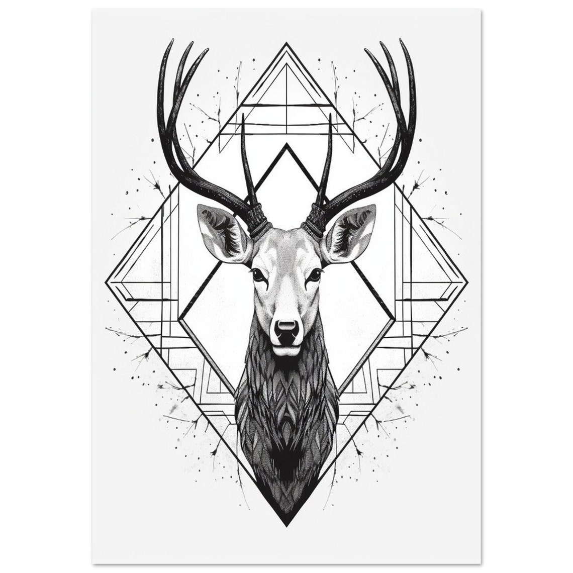 Deer Head Line Art Black White Geometric Triangle Design Poster - Image 2