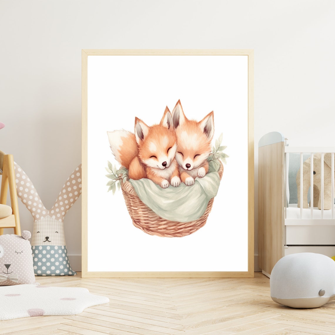 Two Sleeping Baby Foxes in Basket Watercolor Nursery Art Poster
