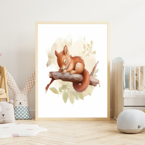Sleeping Red Squirrel on Branch Watercolor Nursery Art Poster