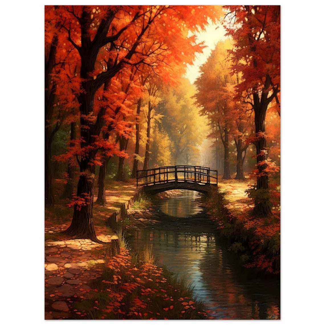 Autumn Bridge Over Canal Fiery Fall Trees Cozy Landscape Painting Poster - Image 3