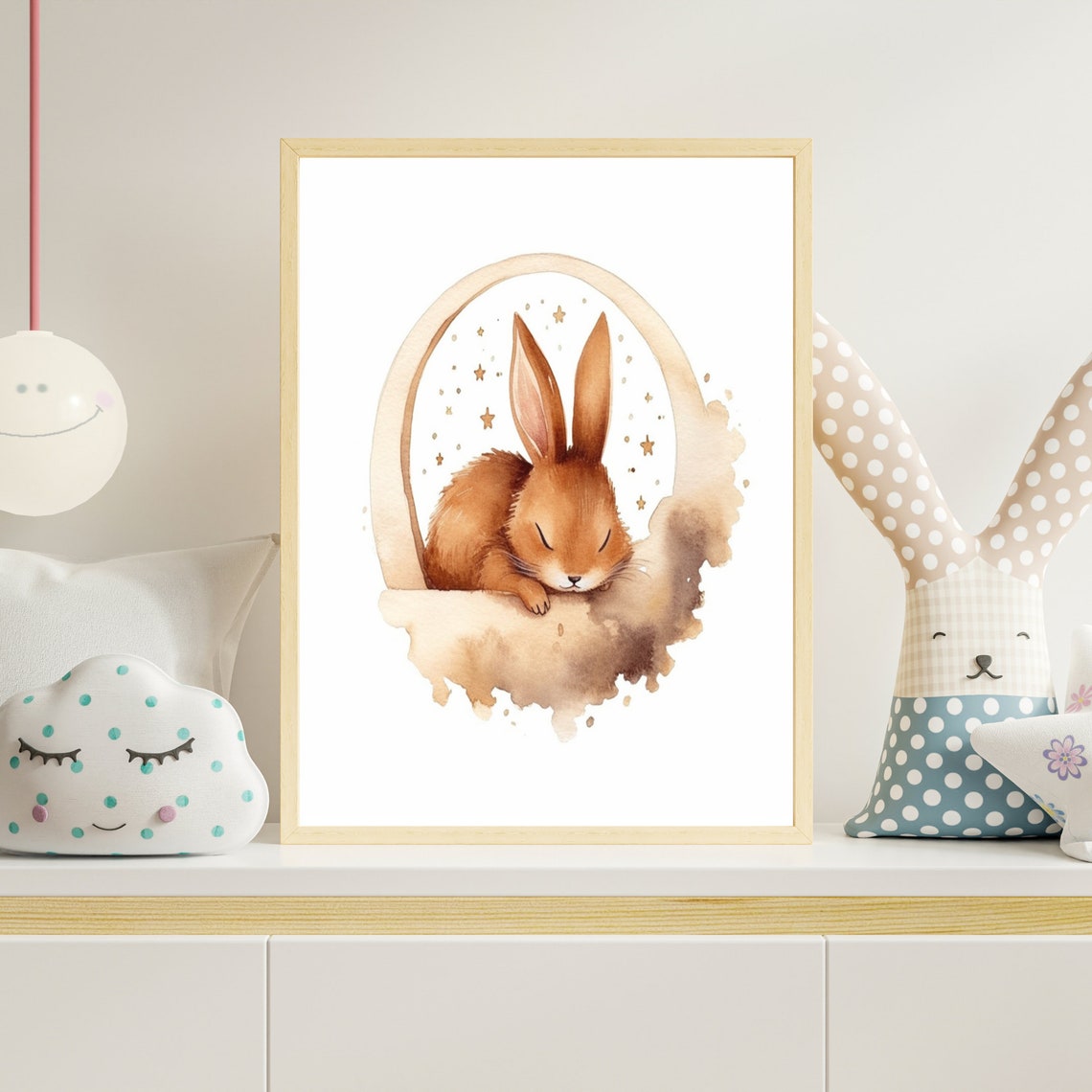 Sleeping Bunny on Crescent Moon Stars Watercolor Nursery Poster - Image 4