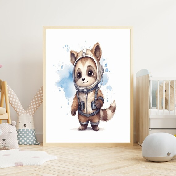 Adorable Baby Fox Astronaut Watercolor Space Theme Nursery Poster