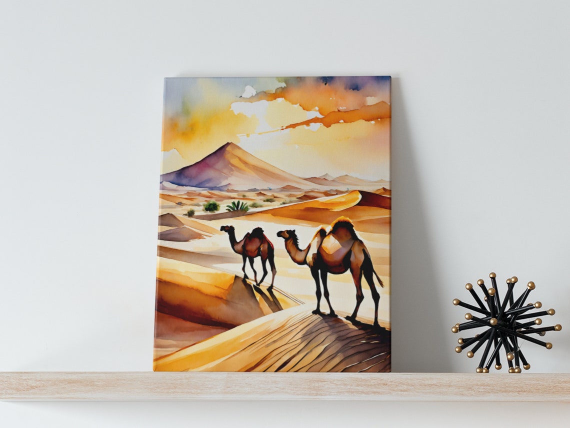 Sahara Desert Watercolor With Camels At Golden Sunset Poster