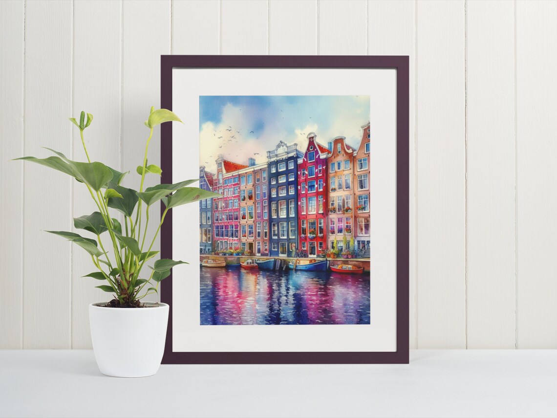 Amsterdam Watercolor Canal Houses Colorful Boats Sky Scene Poster