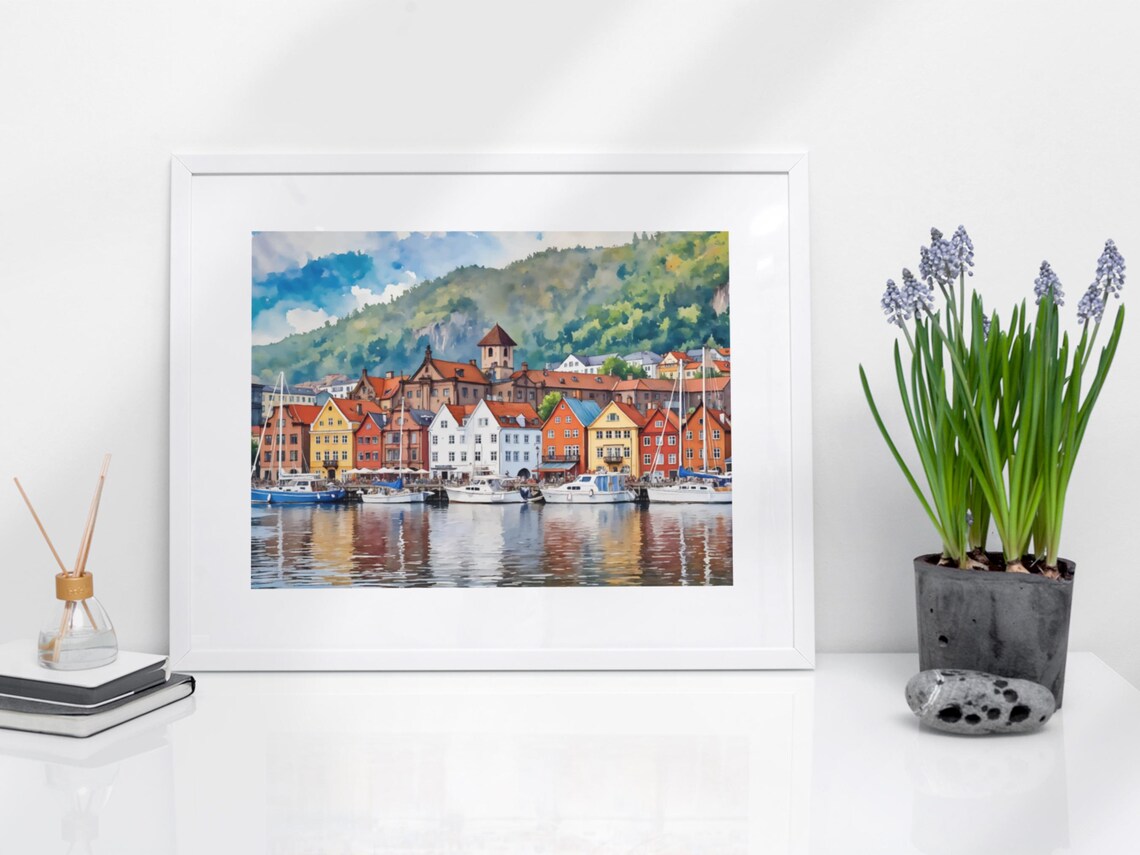 Bergen Norway Bryggen Harbor Watercolor Poster Scandinavian Travel Art