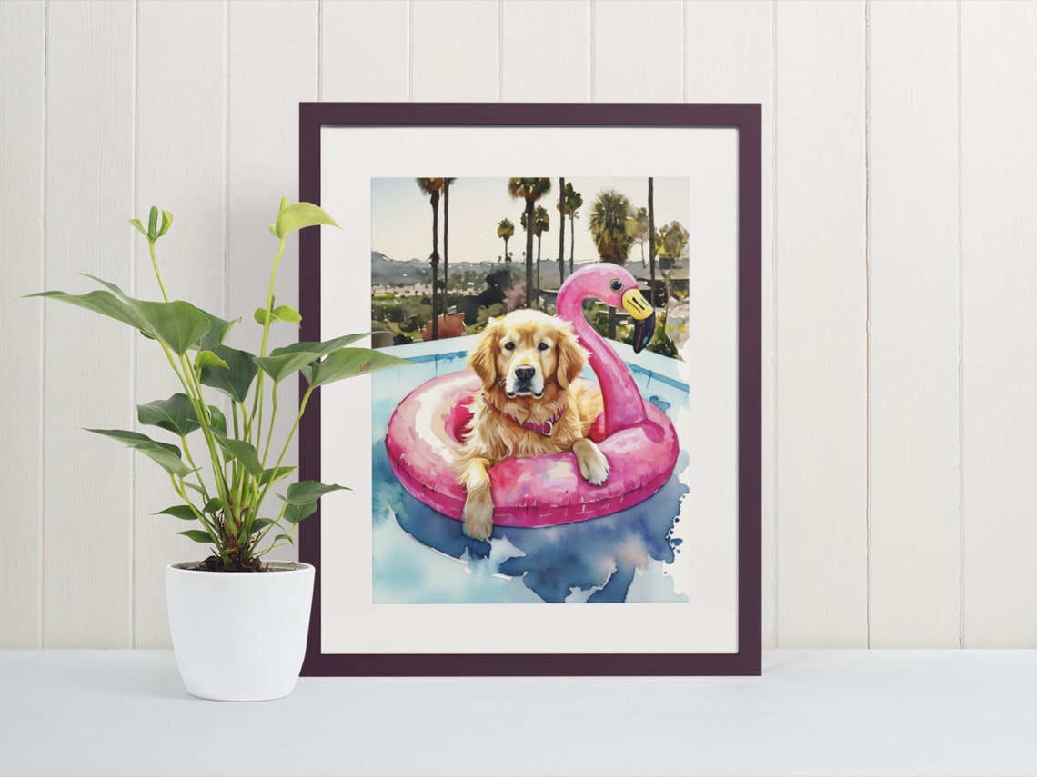 Golden Retriever Pink Flamingo Pool Float Watercolor Art Poster