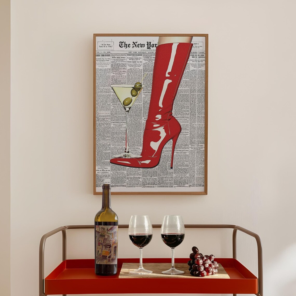 Red High Heel Boot With Martini Glass On Newspaper Fashion Poster