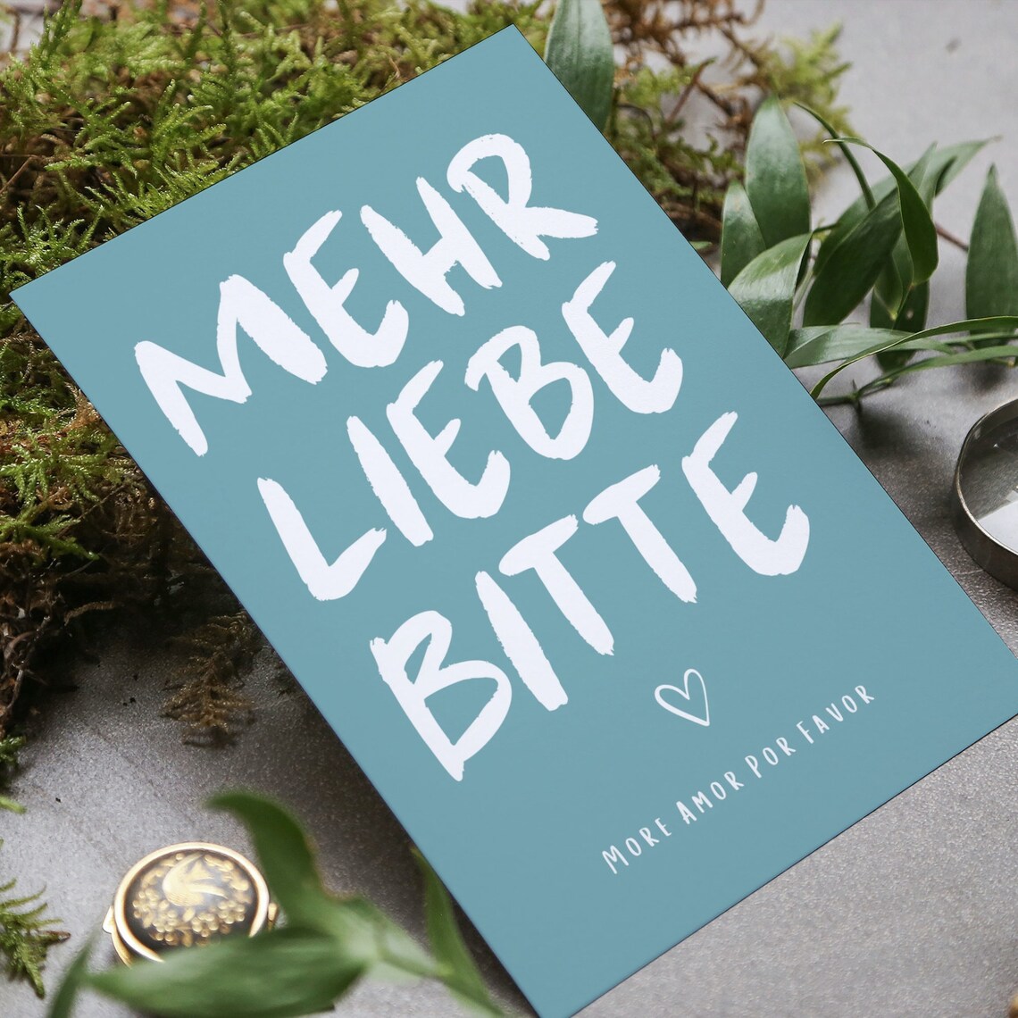 Mehr Liebe Bitte Teal German Love Quote Typography Heart Poster - Image 2