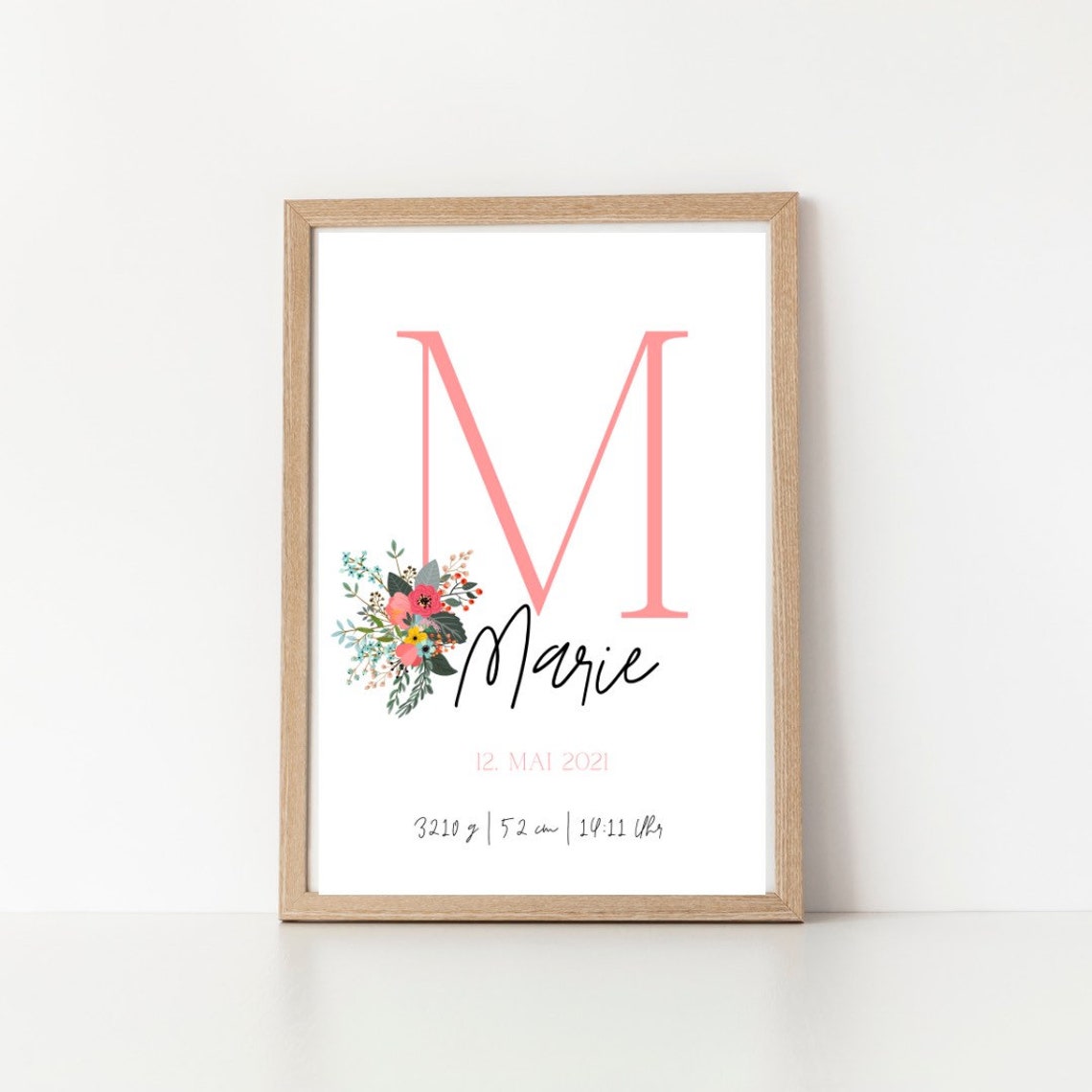 Personalized Birth Poster with Blue Initial and Eucalyptus Decor - Image 3