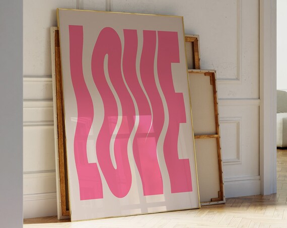 Love Wavy Wall Art Love Print Cute Trendy Wavy Poster Pink Retro 70s Dorm College Apartment Decor Aesthetic Wall Art