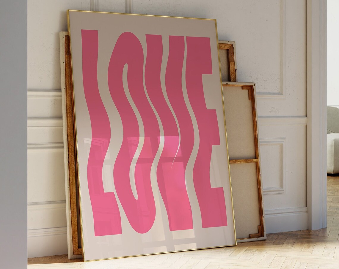 Pink Wavy Love Typography Poster Retro 70s Groovy Lettering Wall Decor