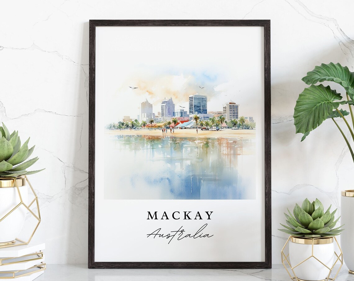 Mackay Australia Beach Skyline Palm Trees Watercolor Travel Poster