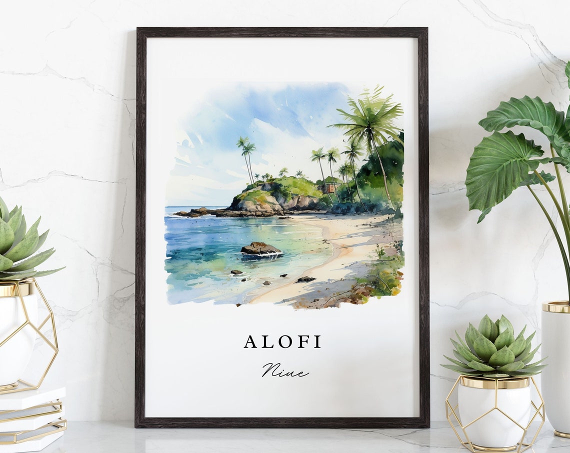 Alofi Niue Palm Beach Cove Rocky Coast Watercolor Travel Poster - Image 2