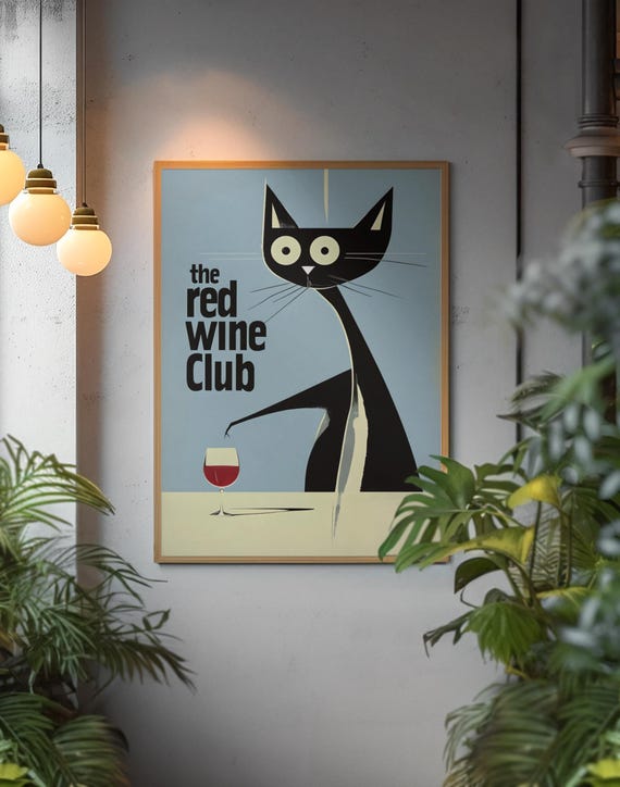 Wine Cat Art Print Funny Retro Kitchen Decor Png File