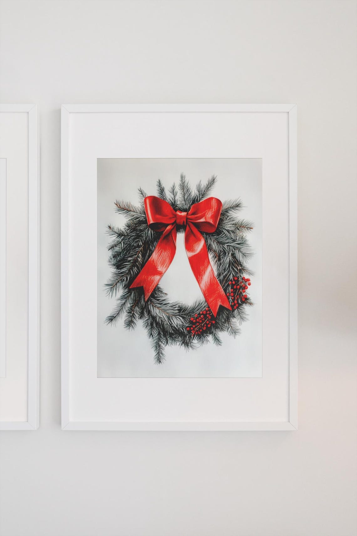 Frosted Pine Wreath With Red Bow And Berries Christmas Holiday Poster - Image 2