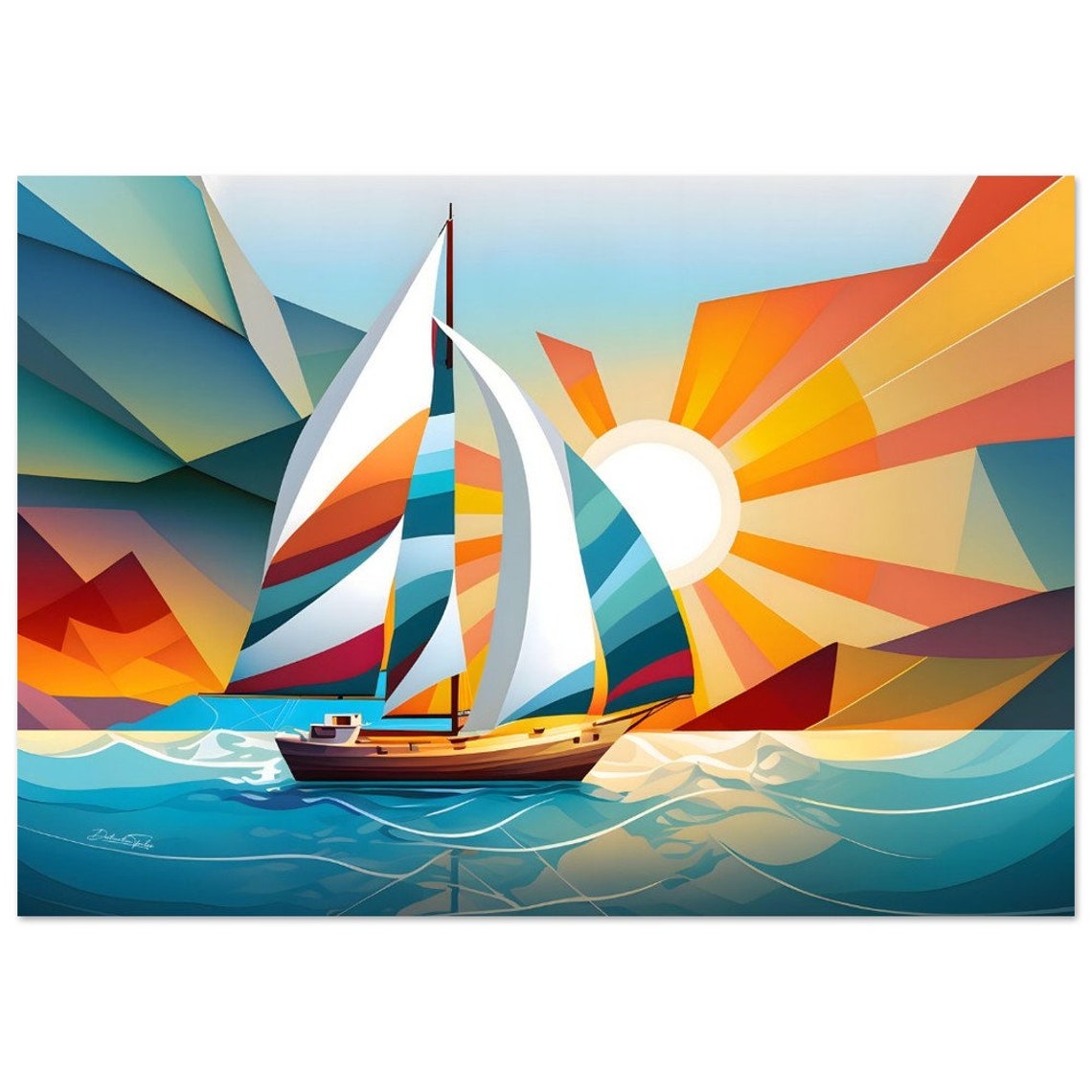 Geometric Sunrise Sailboat Colorful Abstract Ocean Art Poster - Image 3