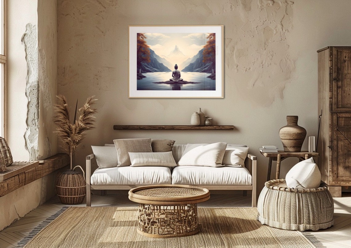 Buddha Meditating Mountain Lake Zen Peaceful Landscape Art Poster - Image 4