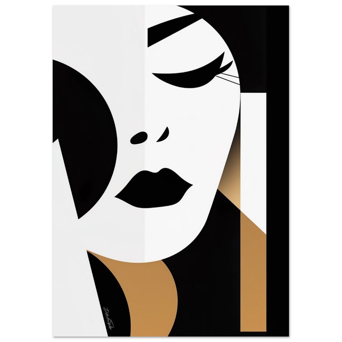Minimalist Geometric Woman Face Black Gold Abstract Art Poster - Image 2