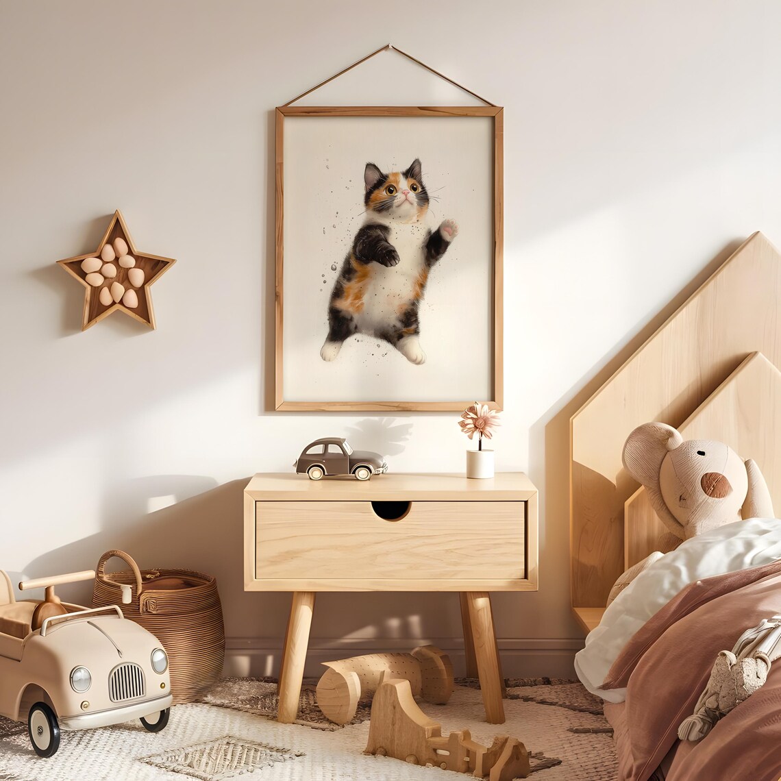 Calico Kitten Jumping Watercolor Playful Cream Kids Nursery Wall Art Print - Image 3