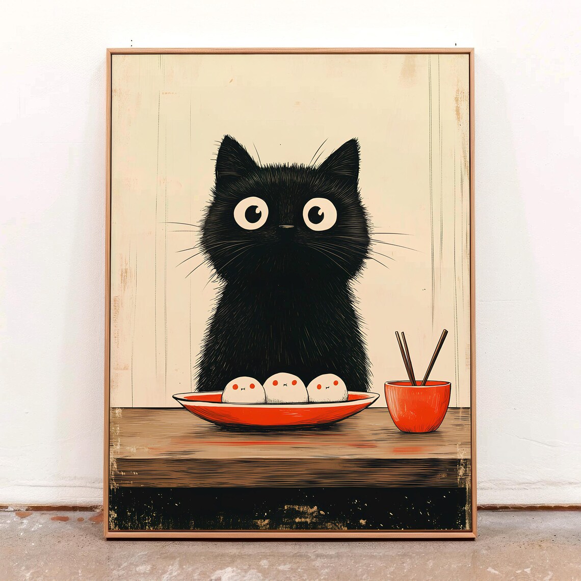 Funny Black Cat Steamed Dumplings Japanese Food Illustration Wall Art Print