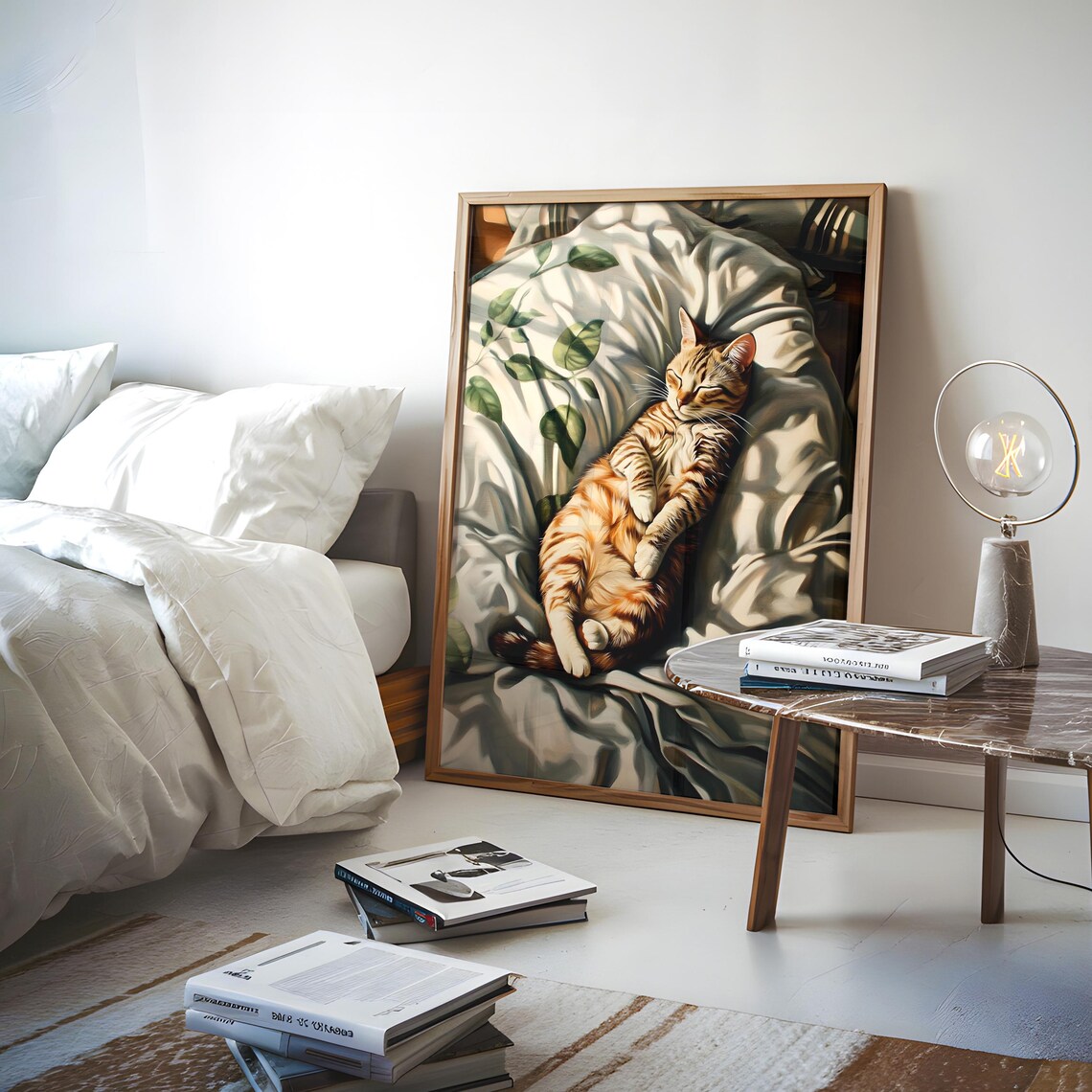 Orange Tabby Cat Sleeping Sunlit Bed Sheets Purr Bedroom Wall Art Print - Image 4