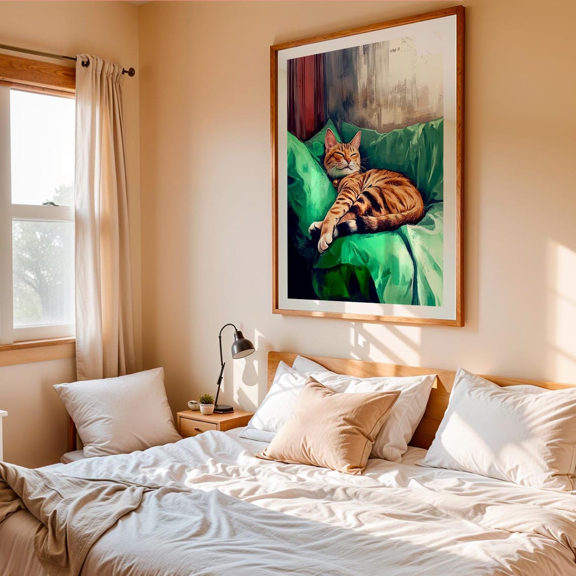 Ginger Tabby Cat Sleeping On Green Couch Cozy Bedroom Wall Art Print - Image 3