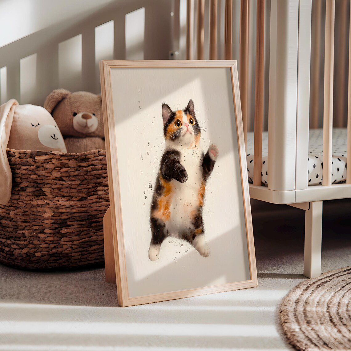 Calico Kitten Jumping Watercolor Playful Cream Kids Nursery Wall Art Print - Image 4
