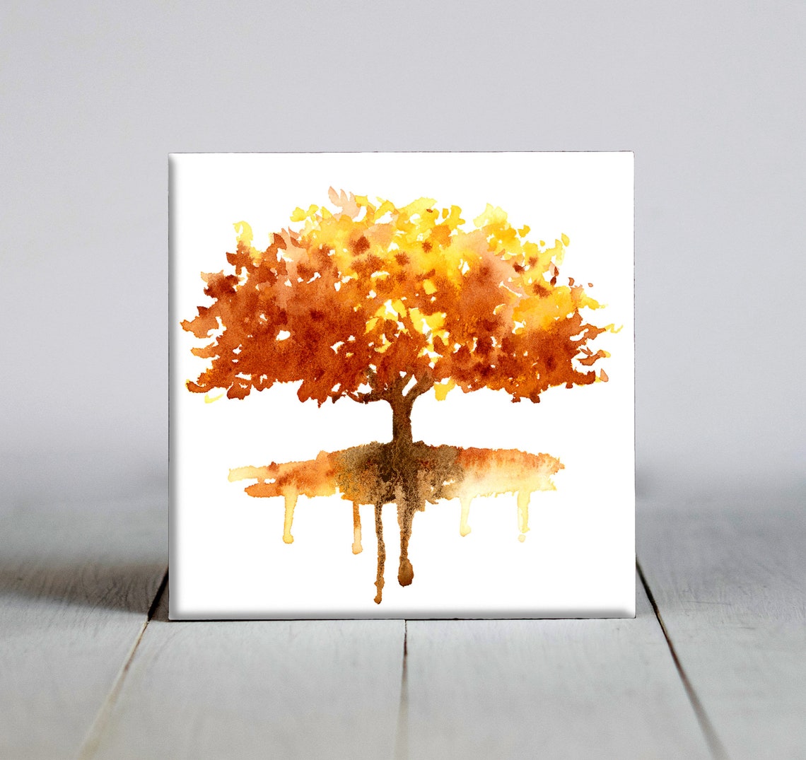 Golden Autumn Tree With Drip Reflection Watercolor Fall Tile Poster