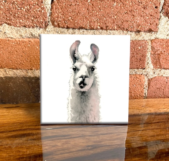 Smiling White Llama Face Watercolor Ceramic Tile Decor Poster