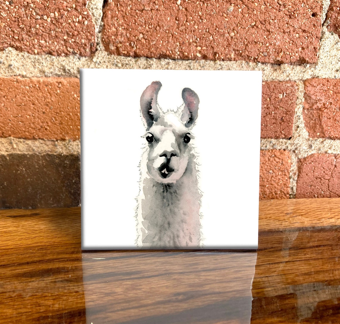 Smiling White Llama Face Watercolor Ceramic Tile Decor Poster