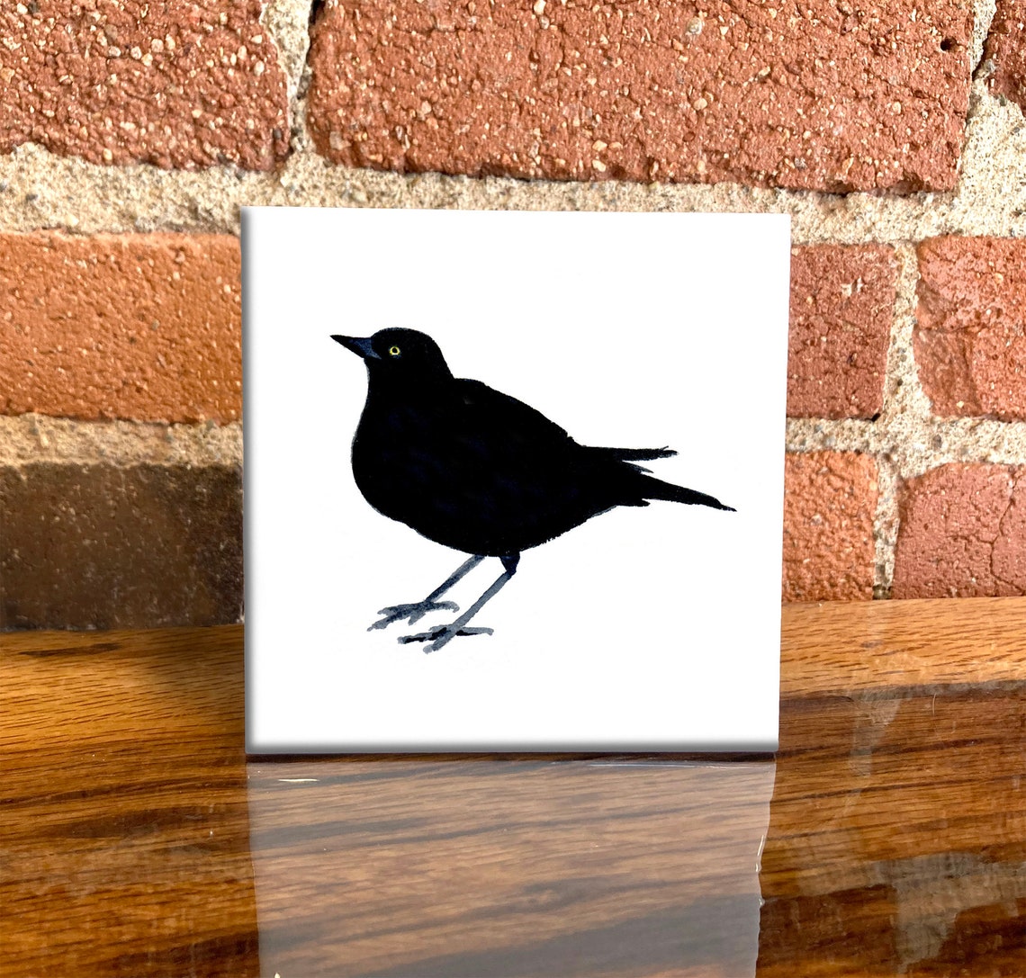 Black Bird Silhouette on White Minimalist Watercolor Style Poster