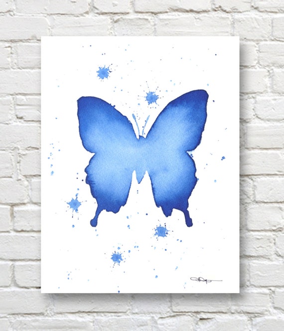 Blue Butterfly Art Print Wall Decor Abstract Watercolor Painting
