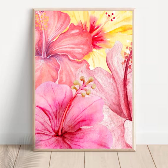 Watercolor Hibiscus Floral Art Print, Tropical Decor