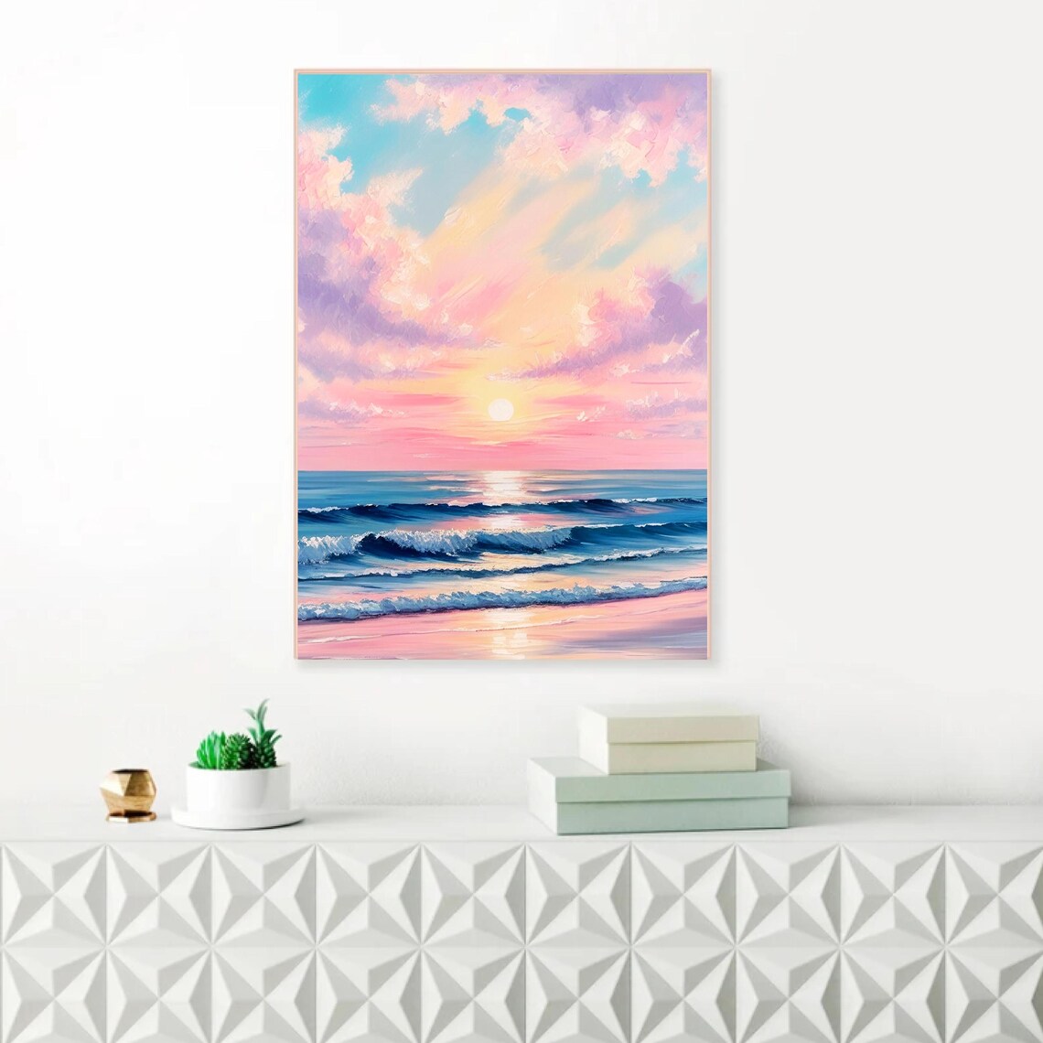 Pastel Sunset Beach Ocean Painting, Coastal Poster