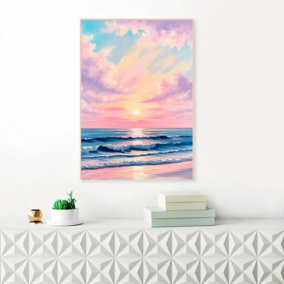 Pastel Sunset Beach Ocean Painting, Coastal Poster