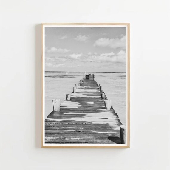 Black And White Wooden Pier Jetty Over Calm Ocean Photo Poster