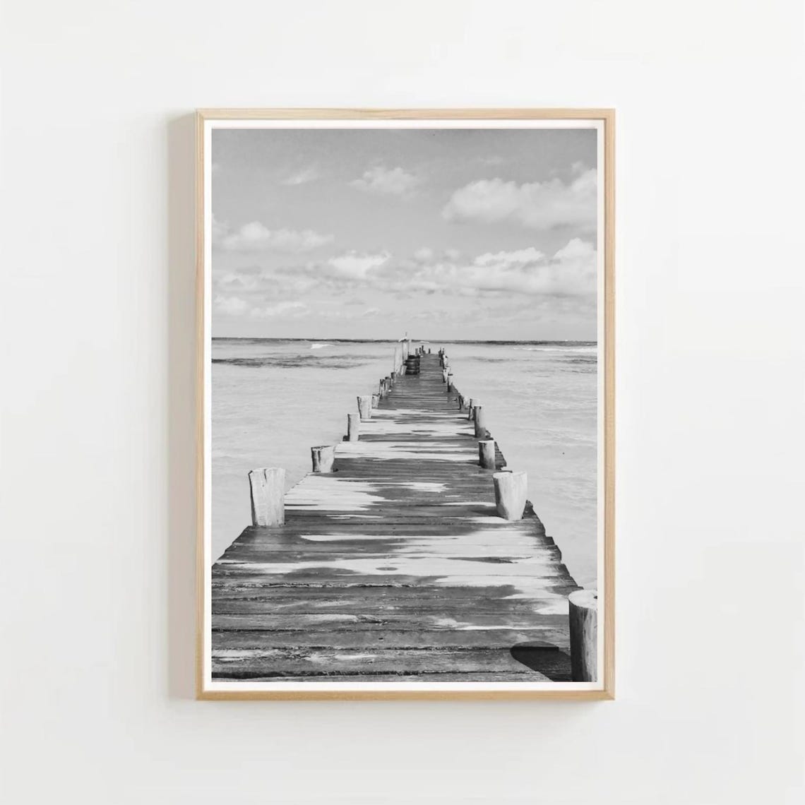 Black And White Wooden Pier Jetty Over Calm Ocean Photo Poster