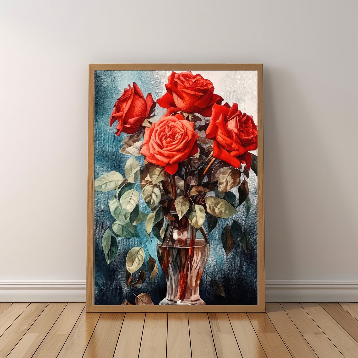 Red Roses Glass Vase Painting Moody Floral Still Life Wall Art