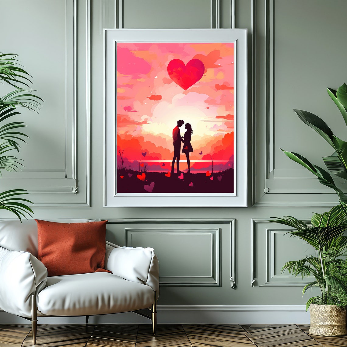 Romantic Couple Silhouette Pink Sunset With Floating Hearts Poster - Image 4