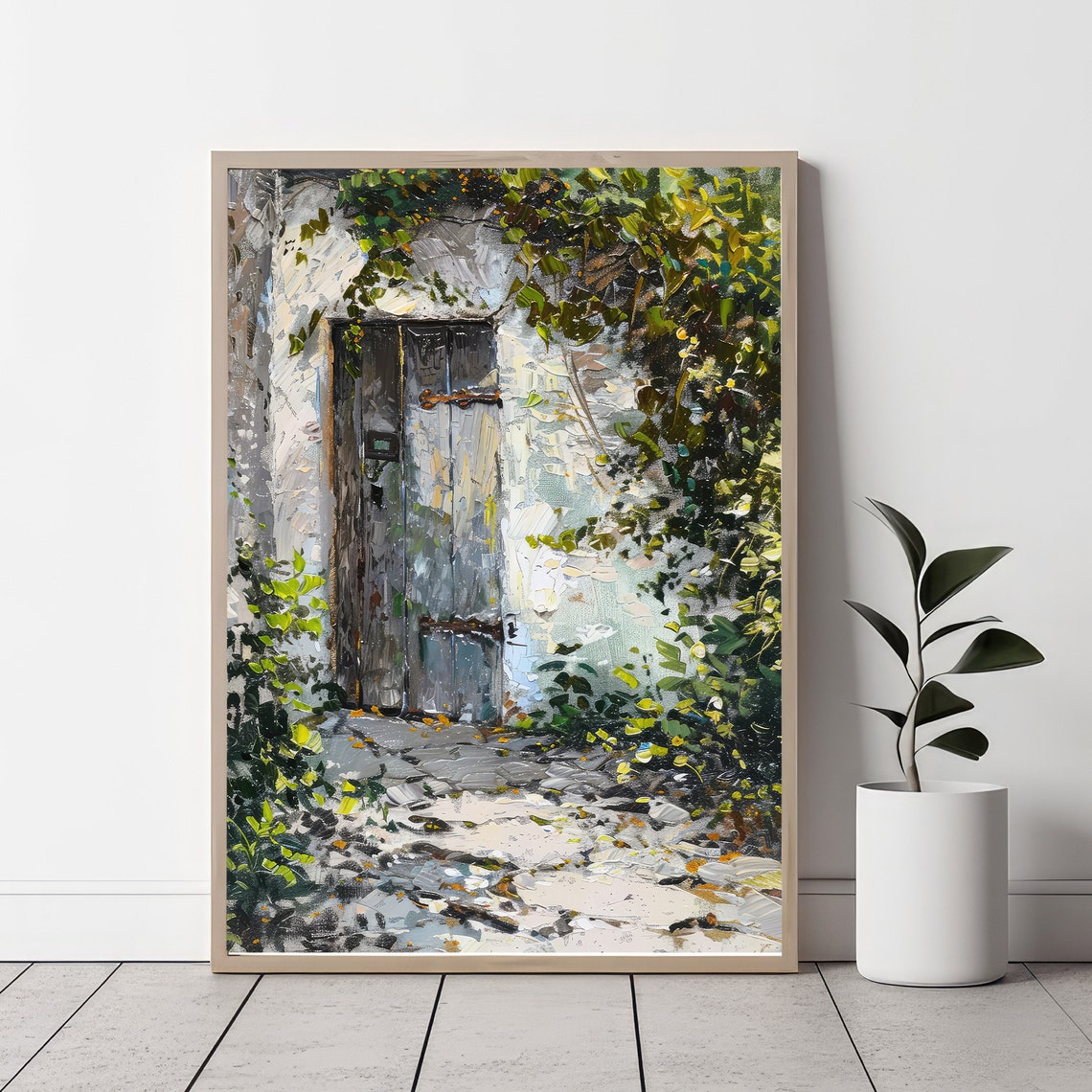 Old Wooden Door Covered In Vines Sunlit Courtyard Oil Art Poster