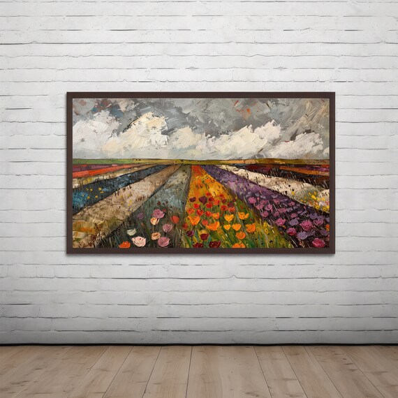 Vibrant Colorful Tulip Fields Under A Dramatic Cloudy Sky Poster