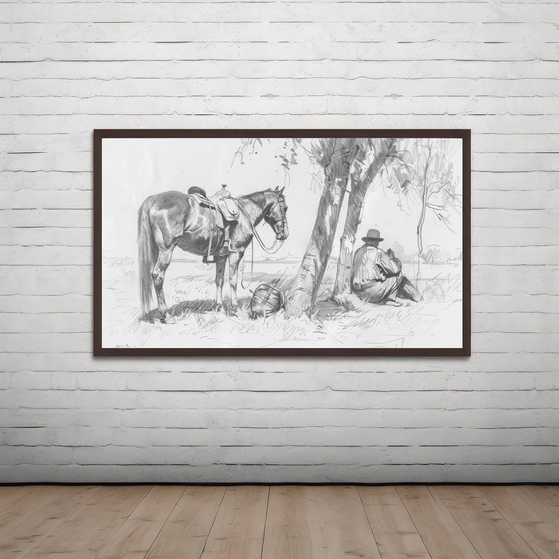 Vintage Western Cowboy Sketch Minimalist Neutral Wall Art Frame Tv Art