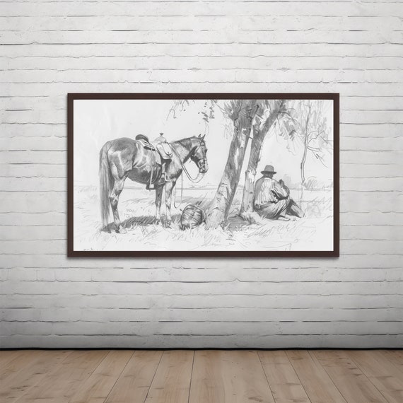 Vintage Western Cowboy Sketch Minimalist Neutral Wall Art Frame Tv Art