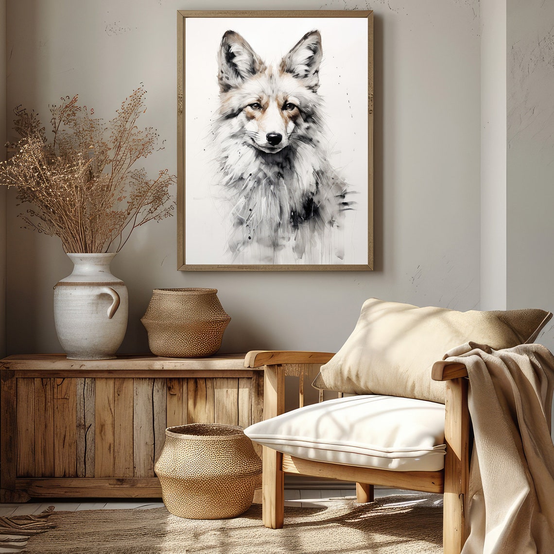 Minimalist Fox Portrait Sketch Grey Woodland Neutral Nursery Wall Art - Image 4