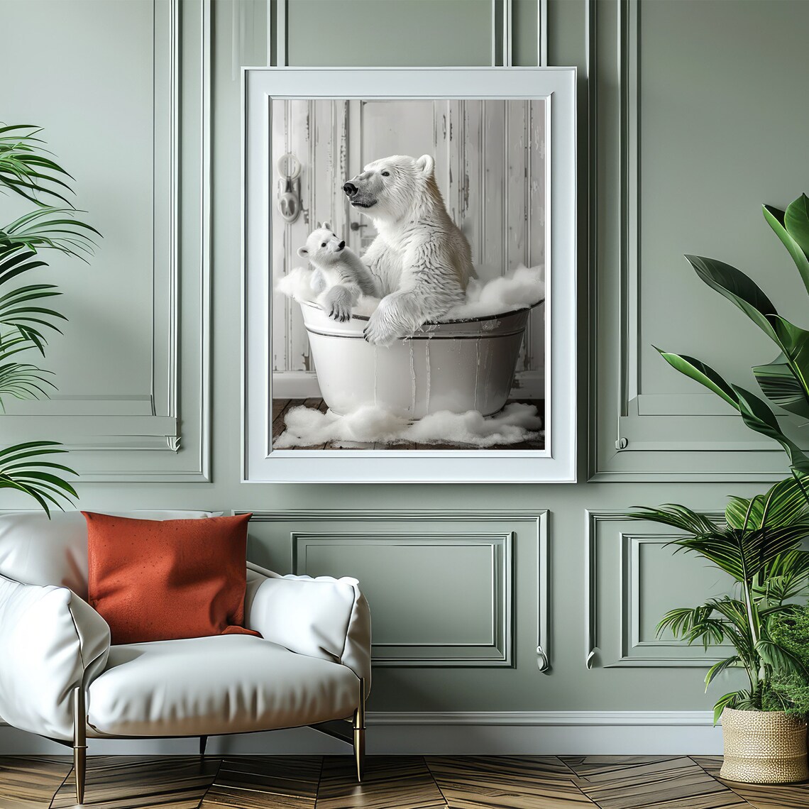 Polar Bears in Tub Bathroom Art Print, Black and White - Image 4