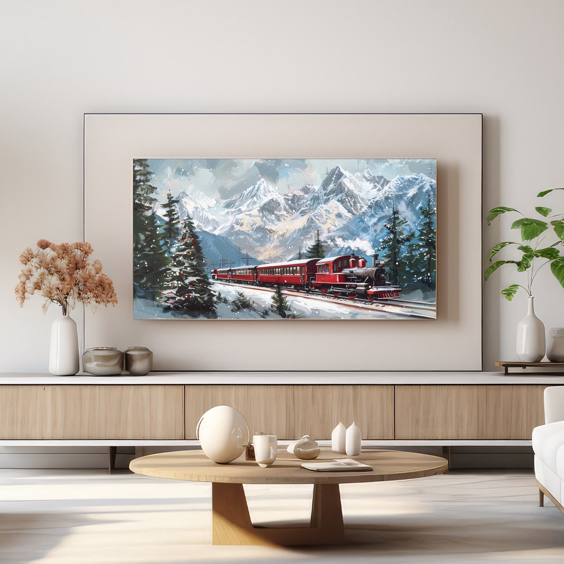 Classic Vintage Red Christmas Train Through Snowy Mountains Poster - Image 4